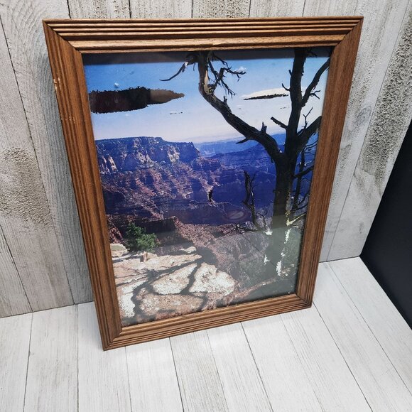 Vtg Framed Mountain Canyon Painted Glass Mirror Art Background 13"x10.5" Korea - Picture 4 of 10